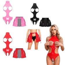Women's Wet Look Lingerie Set Cutout Open Crotch Bodysuit and Miniskirt Clubwear