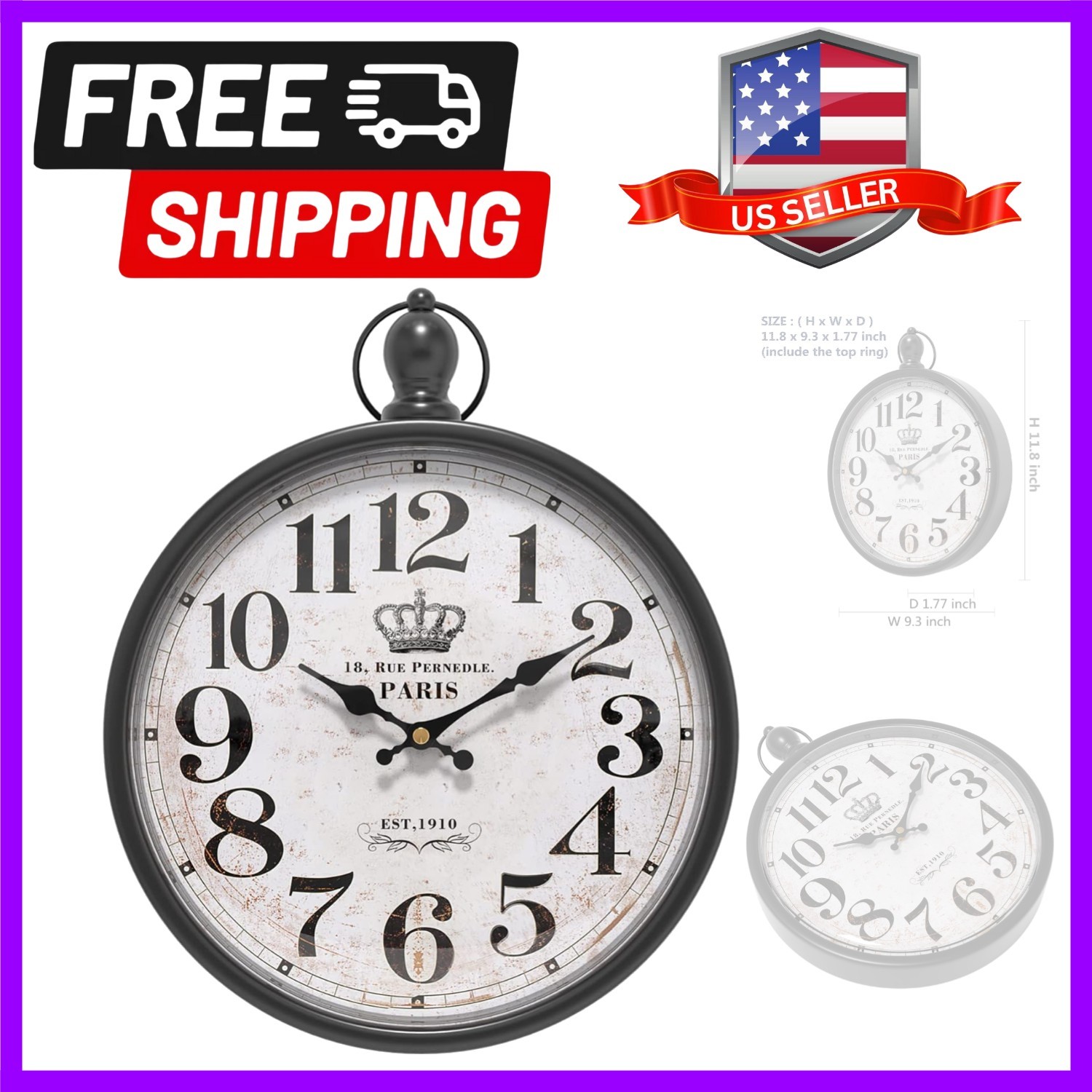 Retro Farmhouse Wall Clock. Black Vintage Antique Style