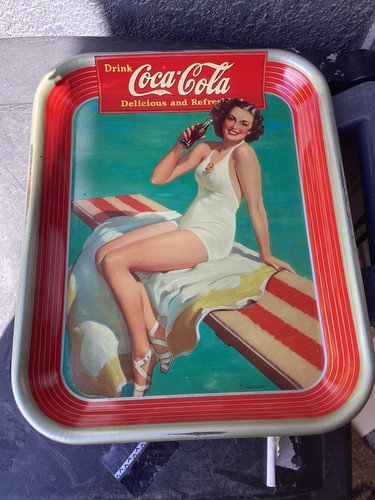 Vintage Haddon Sundblom metal serving tray Coca-Cola 1939 Springboard girl Coke