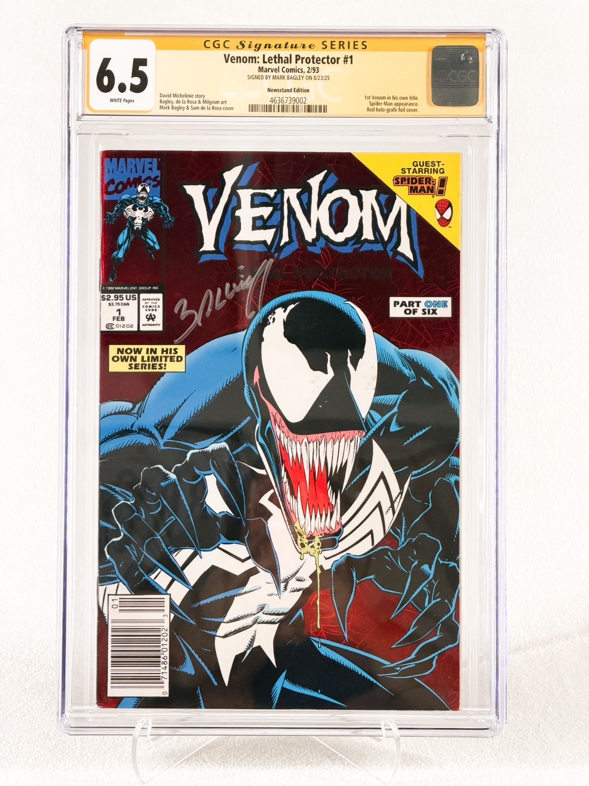 Venom Lethal Protector #1 CGC 6.5 signed by Mark Bagley Newsstand 1st Venom Foil