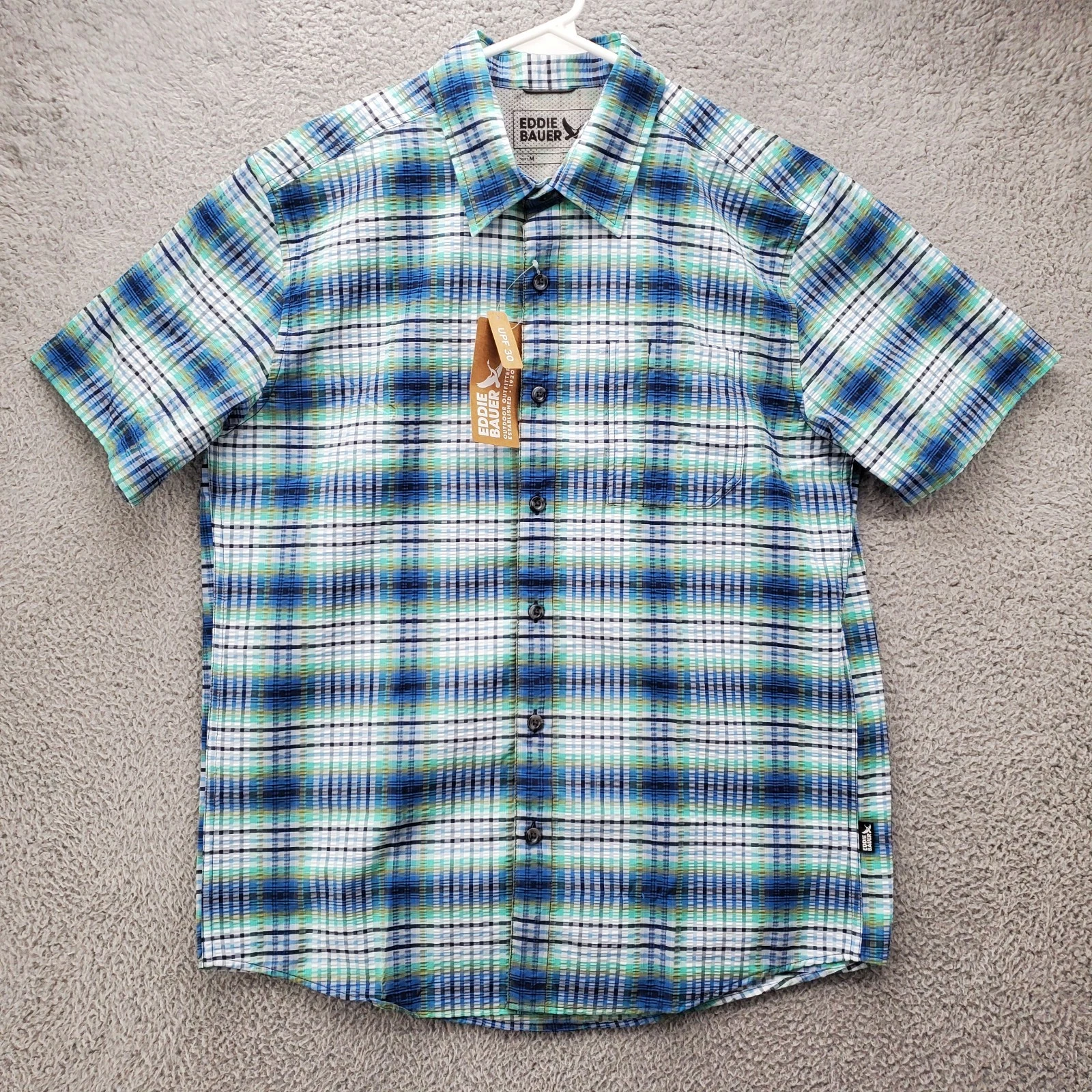 Eddie Bauer Pack It Seersucker 2.0 Shirt Mens Medium Short Sleeve Blue Green NWT