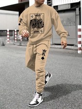 Men's Street Style Card Print Hooded Sweater and Pants Set - Black with White