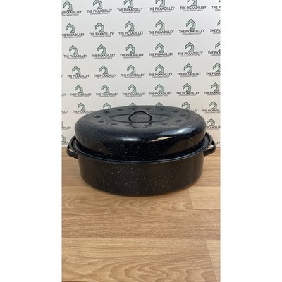 Vintage Black Speckled Enamel Oval Roasting Pan with Self Basting Lid Large 18in