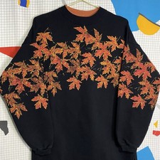 Vintage 90s Fall Leaves Halloween AOP Sweatshirt L Grandma Sweater USA Crewneck