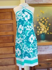 Michael Kors Teal & White Floral Patterned Dress with Halter Neckline Size Large
