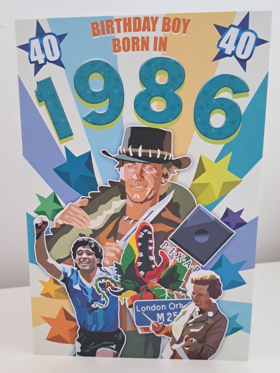 Male 40th Birthday Born In 1986 Card. Facts about 1986. 23x15cm (9x6 Inches)