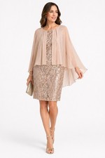 NEW ALEX EVENINGS cocktail dress sequins capelet 12P champagne formal party