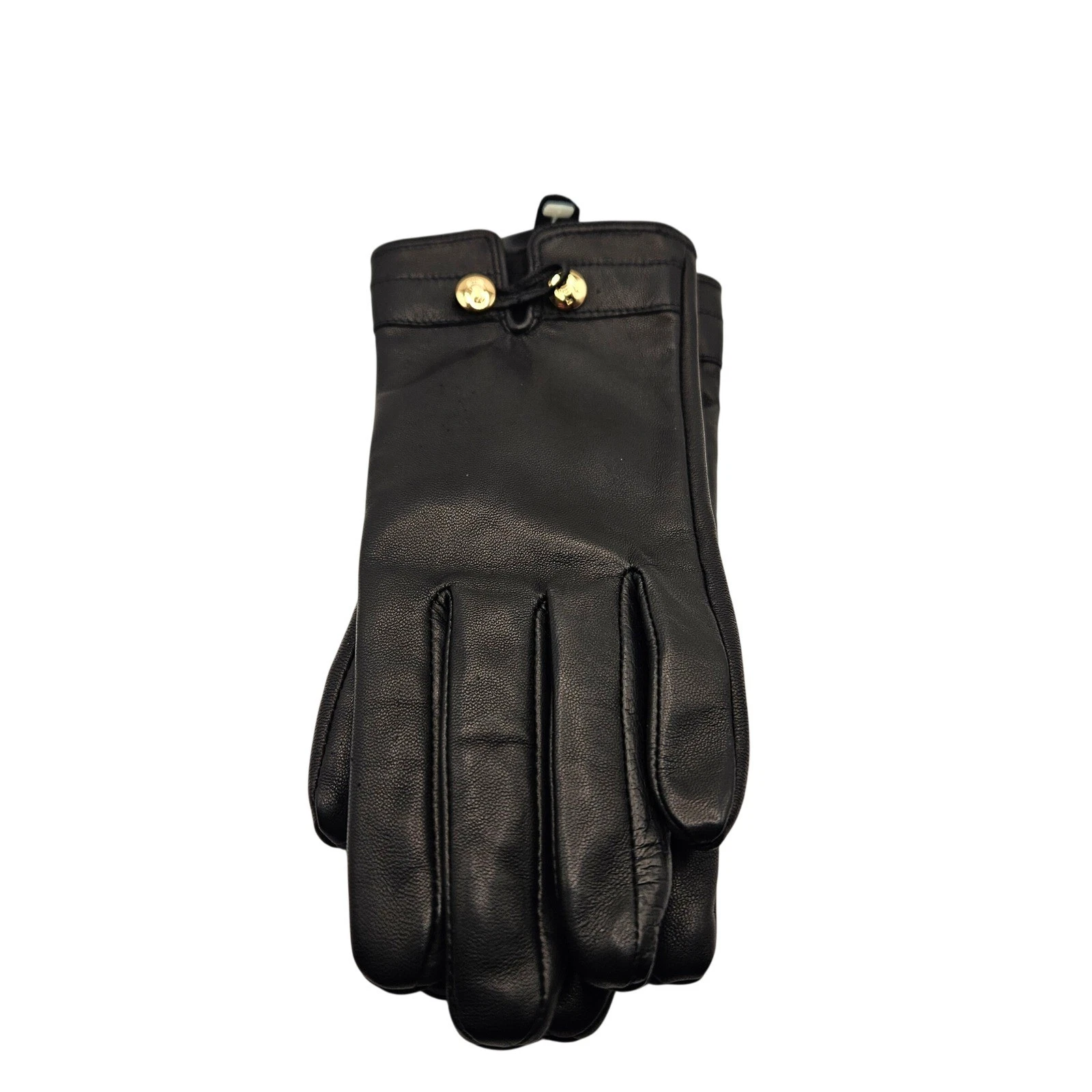 Etienne Aigner Leather Gloves Medium Black Gold Logo Hardware Winter Lined