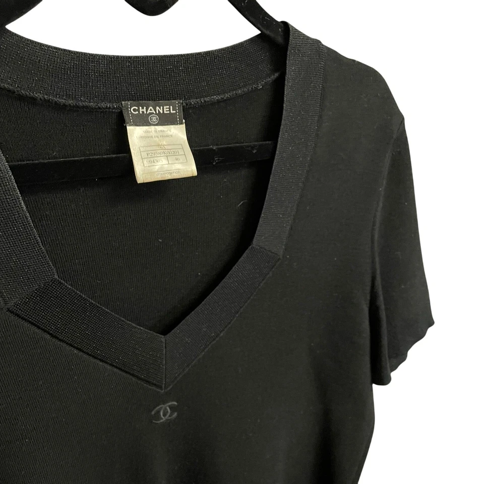 Top Chanel Vintage Mezcla de Lana Tejido Cuello en V Logo Negro Mujer 46/EE. UU. 14 COMO ESTÁ Foto 2 de 4