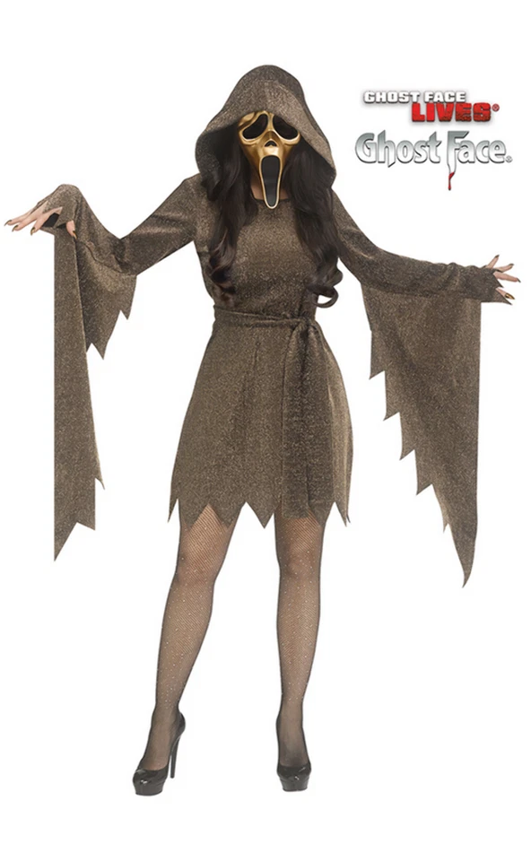 Costume De Fantôme Doré Shimmer Pour Femmes Scream + Masque Fun World - Photo 1/1