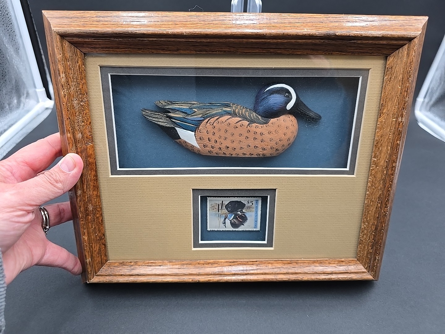 Culbertson's Ducks Framed Duck stamp with Carved Wood Duck Decoy Ducks Unlimited