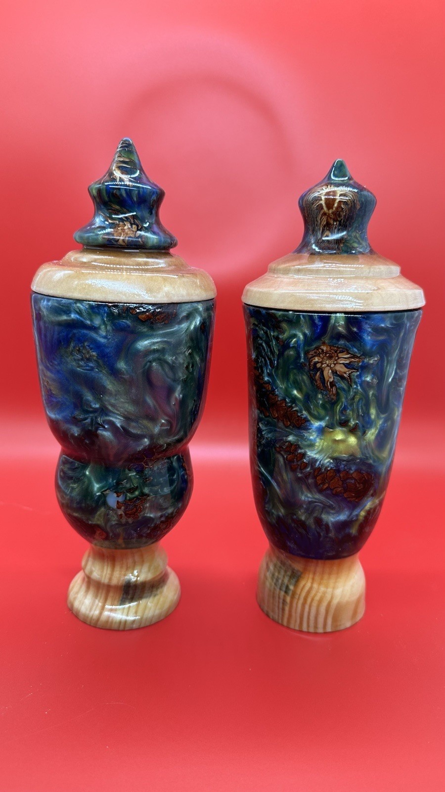 2 Handcrafted Wood & Resin Lidded Art Vessel Boxes Pedestal Handmade Home Decor