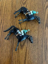 Vintage Rare Pair Wind Up Tin Toy Race Horses with #9 & 11 Jockeys Made In Spain