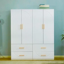 Wood Wardrobe Armoire Closet 4 Door in White, Wardrobe Closet, Clothes Cabinet