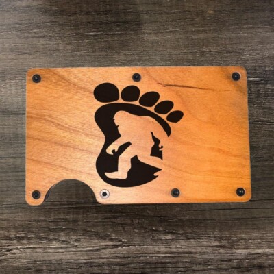 Wood Wallet Minimalist Laser Engraved with Bigfoot