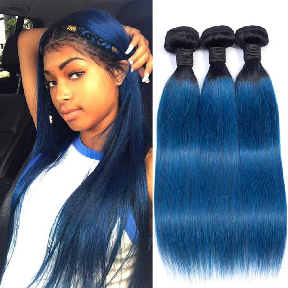 Ombre Blue Bundles Human Hair Dark Roots 1B Blue Color Silk Straight For  Women | Ebay