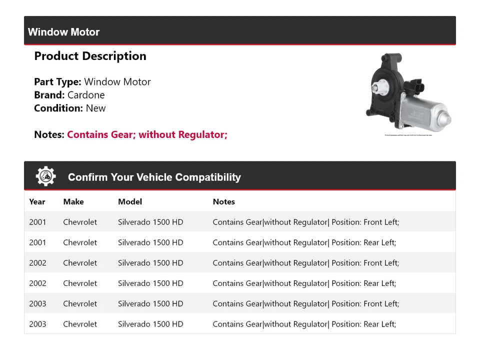 Chevrolet Silverado 1500 HD 2001-2003 ventana motor cardone 2002 Foto 2 de 4