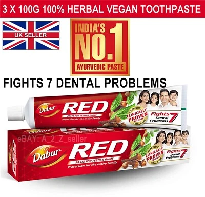 DABUR RED 3 X 100g Herbal RED toothpaste Strong teeth receding bleeding gums clove oil UK