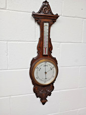Grand Antique Victorian Oak Aneroid Banjo Barometer Thermometer Silvered Dial