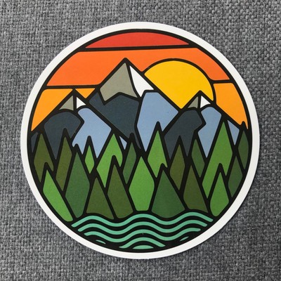 Mountain Sunset Forest Nature Hiking Sticker Decal For Laptop Water Bottle