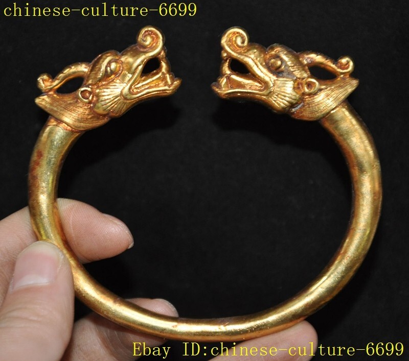 China bronze gilt Dragon head Bracelet bangle wristlet circlet