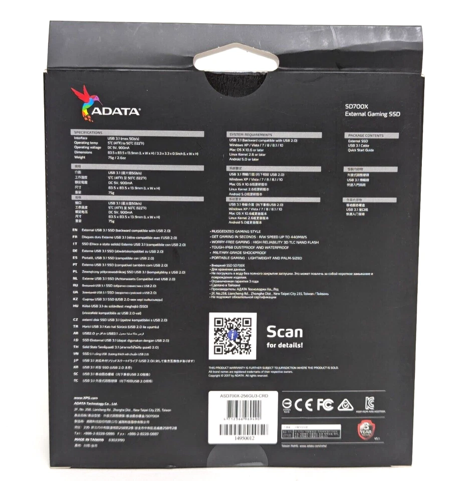 T ADATA XPG SD700X 256GB External Gaming SSD 3D NAND R/W uo to 440MB/s Water - Image 3 of 4