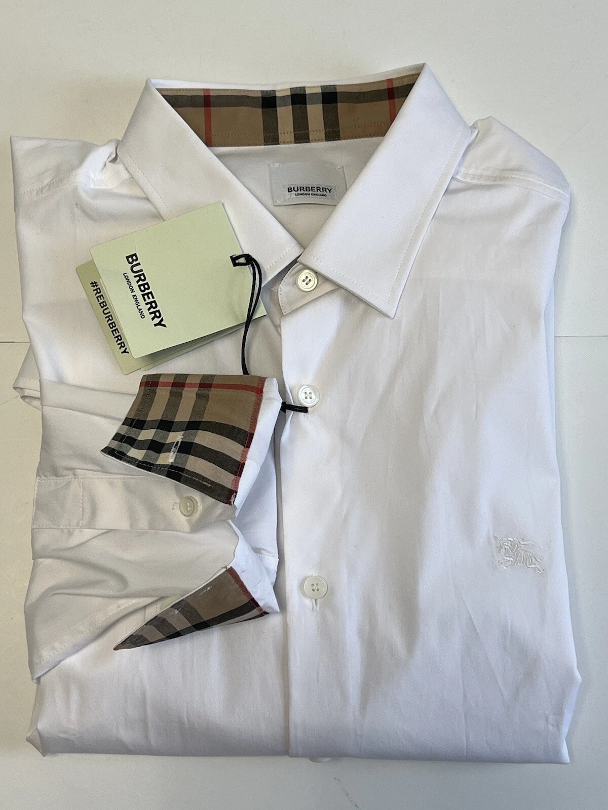 Burberry — Authentic BURBERRY London England Check collar Cotton Shirt White Mens Sz XL!