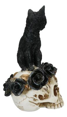 Gothic Black Feline Cat Sitting On Rose Vampire Skull Grimalkin's