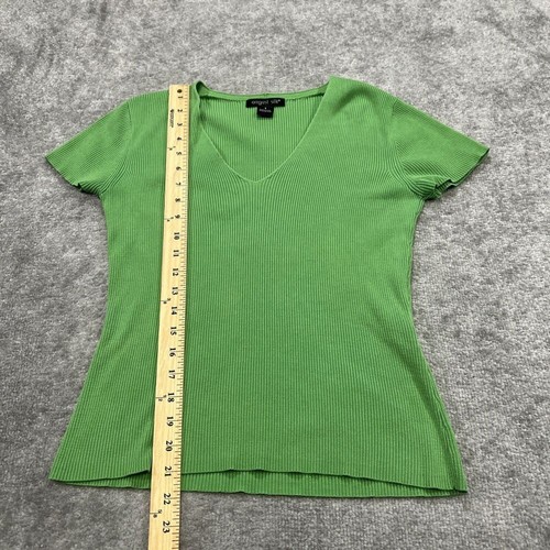 Y2K August Silk Ribbed Top Short Sleeve V Neck Stretch Knit Green Small Silk - Picture 11 of 11