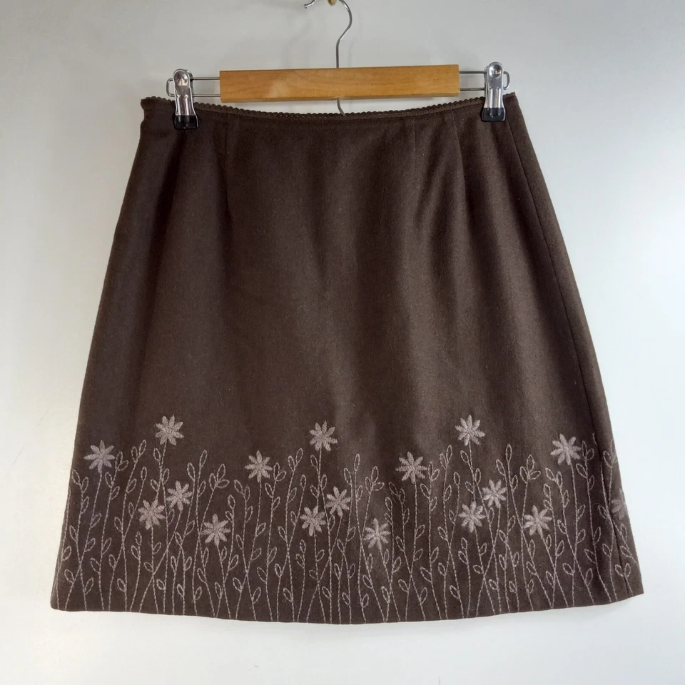 Falda corta J Jill línea A para mujer talla 8P marrón bordada flores fieltro forrada Foto 2 de 4