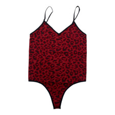 Love J Women's Red and Black Leopard-Print V-Neck Bodysuit Size S/M