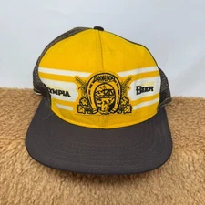 VTG Olympia Beer Trucker Hat Cap Patch Gold Brown Striped USA Made Snapback