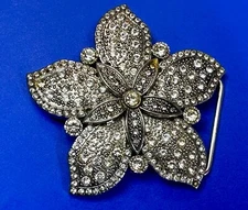 Gorgeous Flower Shaped Figural Vintage Belt Buckle with Clear Rhinestone Accents
