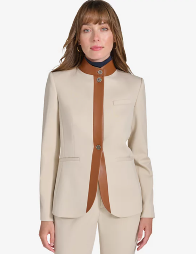 Tommy Hilfiger Womens Faux Leather Trim Blazer Jacket Size 4 Flax Beige