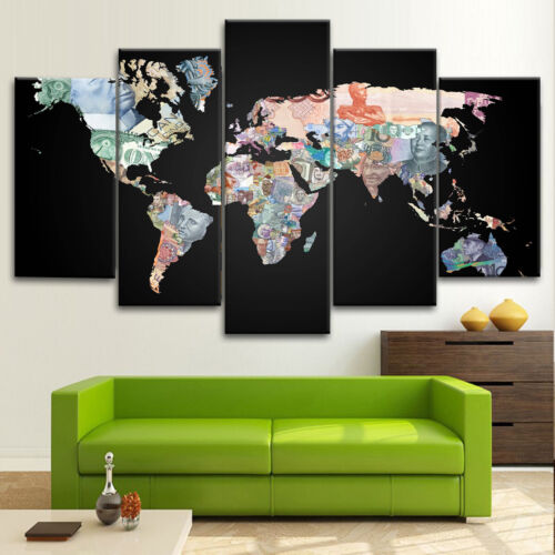 World Map currency notes 5 Piece Canvas Wall Art Abstract Print Home Decor - Picture 2 of 5