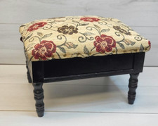 Vintage Floral Tapestry Storage Footstool Wooden Ottoman Seat Box Turned Legs