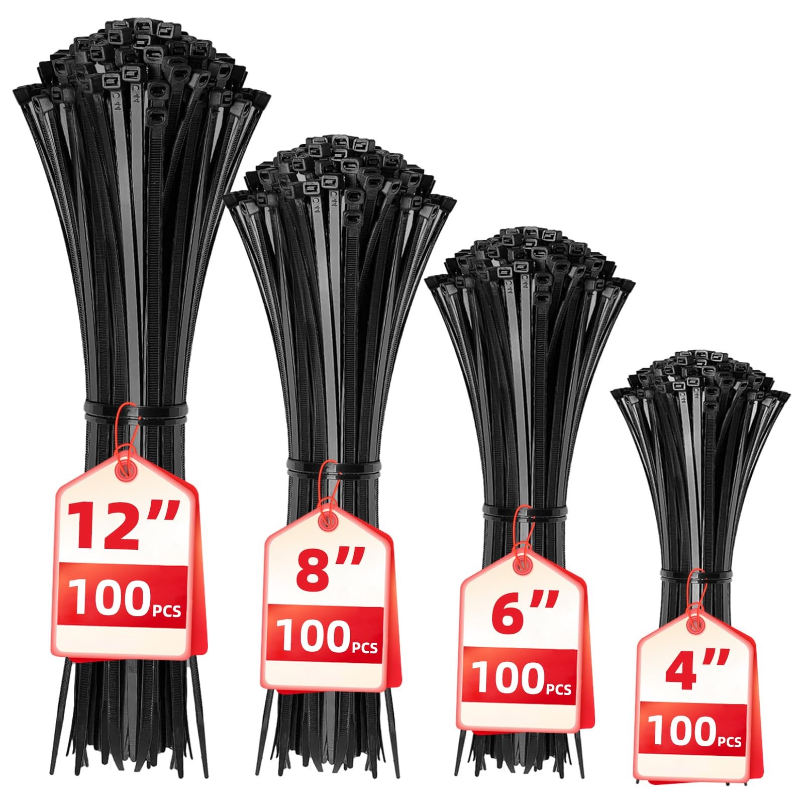 Cable Cable Zip Ties,400 Pack Black Assorted Sizes 12+8+6+4 Inch,Multi-Purpose S