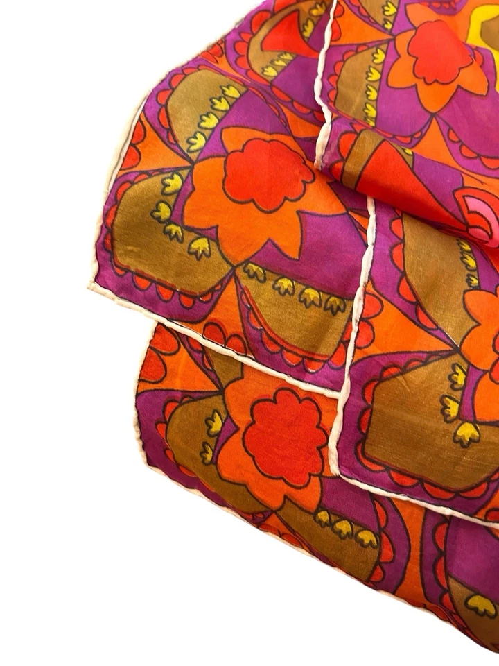 Винтажный шарф в стиле 1960-х 30 дюймов психоделический цветочный квадратный оранжевый фиолетовый ручной рулон - Изображение 3 из 4