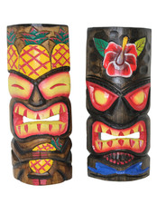 Set of 2 Hawaiian Tiki Masks Hand-Carved Wooden Polynesian Wall Decor 12" Tribal