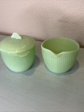 Vtg Fire King Jadeite Jane Ray Ribbed Creamer & Sugar Bowl w LID Set Made in USA