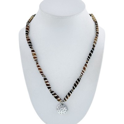Vintage Sterling Silver African Batik Bone Beaded Necklace with Pendant 19.5''