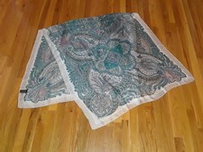 Large Teal Green Tan Paisley Sheer Silk Blend Oblong Scarf Wrap 35" x 70"