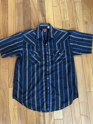 Ely Plains Western Shirt Mens Large Black Blue Striped Pearl Snap Short Sleeve
