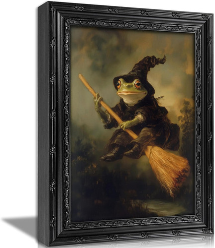 Framed Witchy Frog Canvas Wall Art - Vintage Halloween Decor | 9X11 Inches, Funn