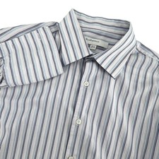 Perry Ellis Portfolio Dress Shirt Men 16.5 32/33 Blue White Striped French Cuffs