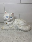 New ListingVintage Cement White Persian Cat Statue Figurine Lying Down Blue Eyes Red Bow