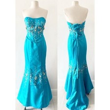 Vintage Y2K Mermaid Corset Teal Flower Embellished Strapless Prom Wedding Gown