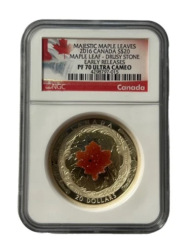 2016 Canada $20 Majestic Maple Leaves with Drusy Stone 1oz Silver NGC PF 70 UCAM