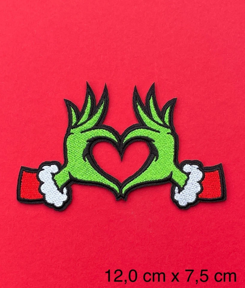 MARKENLOS Bügelbild, Aufbügler, Aufnäher WEIHNACHTEN GRINCH*GRÜNE KREATUR/KOBOLD/Hand/Herz