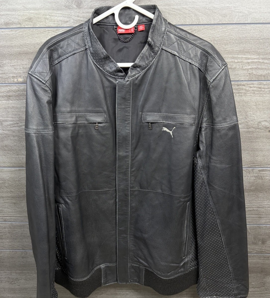 Vintage Puma Leather Motorcycle Racing Jacket Men Full Zip XL
